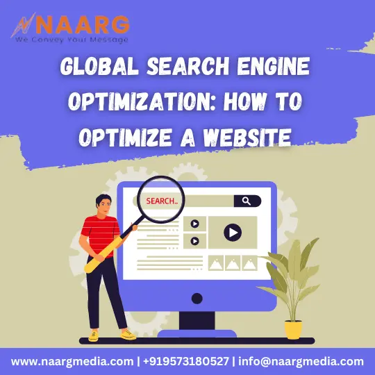 Optimizing website for global search engines: SEO strategies illustrated with website and search engine icon.